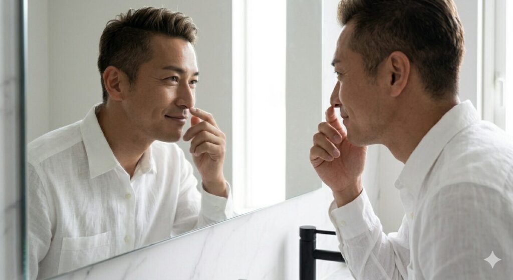 清潔感のある40代男性が鏡の前で身だしなみを整える様子。エチケットカッターがおすすめな人。